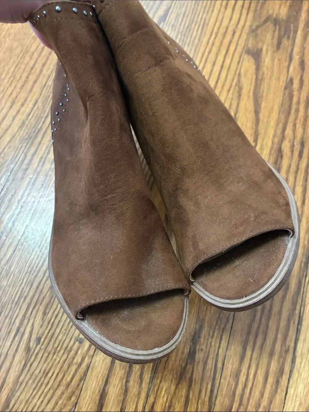 Portland boot company Brown Suede Open-Toe Ankle Booties with Stud Trim size 7.5